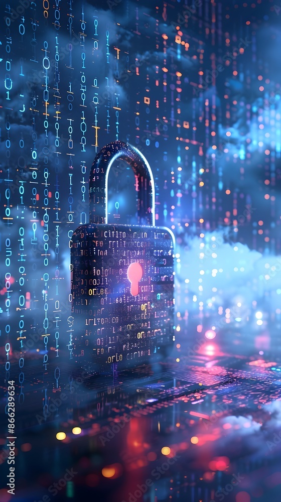 Poster padlock icon in a digital storm surrounded by binary code cybersecurity and data protection concept