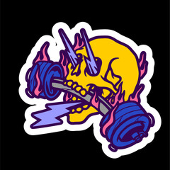 vector illustration tracing artwork of The skull bites the barbell and the eyes pop out with lightning. Can be used as Logo, Brands, Mascots, tshirt, sticker,patch and Tattoo design.