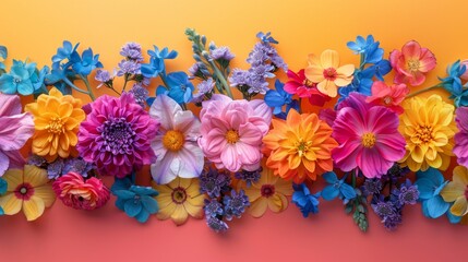 Colorful flower arrangement on orange and yellow gradient background. Spring floral decoration, beautiful and vibrant flowers. Floral photography