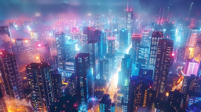 Vibrant Futuristic City Skyline with Interconnected Skyscrapers and Flying Drones at Night