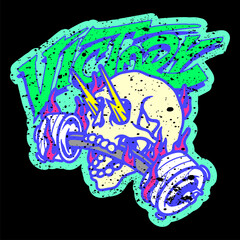 vector illustration tracing artwork of skull bite barbell burn and the eye pop out with lightning with lettering text typography . Can be used as Logo, Brand, Mascot, tshirt, sticker,patch and Tattoo