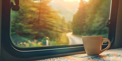 Embodying the Slow Van Life A Coffee Cup on the Campervan Windowsill. Concept Vanlife Aesthetics, Camper Van Lifestyle, Coffee Culture, Travel Photography, Cozy Home on Wheels