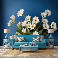 mockup poster frame in modern interior background, Room, interior, sofa, furniture, home, design, couch, house, bedchamber , living, white, bed, wall, apartment, hotel, contemporary, décor, comfortabl
