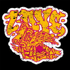 vector illustration artwork of hand skull skeleton holding pizza slice with lettering text effect graffiti typography. Can be used as Logo, Brands, Mascots, tshirt, sticker,patch and Tattoo design.