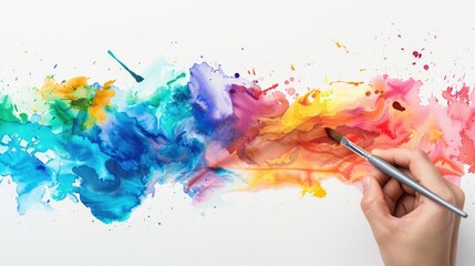 Colorful paint splatters with hand holding a brush. Watercolor art.