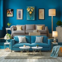 mockup poster frame in modern interior background, Room, interior, sofa, furniture, home, design, couch, house, bedchamber , living, white, bed, wall, apartment, hotel, contemporary, décor, comfortabl