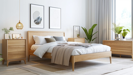 A Scandinavian male bedroom with white walls, light wood furniture, and minimal decor.