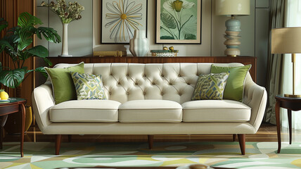 Mid-Century Modern sofa combining a vintage silhouette with modern geometric patterns