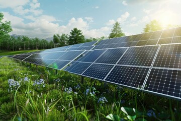 Conceptual illustration of a large-scale solar panel farm project with rows of photovoltaic panels.