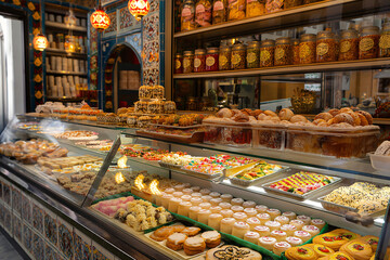 Vibrant display of traditional oriental sweets and pastries is presented under the warm light of a pastry shop, tempting customers with its colorful and delicious treats