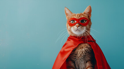 Adorable cat in red superhero cape and mask on light blue background, space for text,Funny cat wearing glasses and fashion sweater on pink background,Majestic orange tabby cat wearing a vibrant red 

