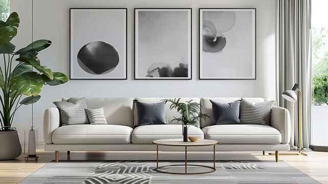 Living room with three framed artworks above a couch, in the style of monochrome abstraction, 