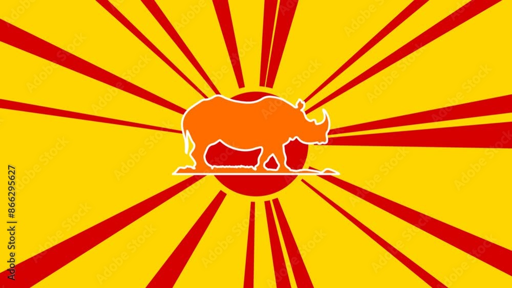 Poster wild rhino symbol on the background of animation from moving rays of the sun. large orange symbol in