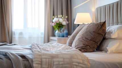 bed with pillows, cozy bed with blankets, comfy home