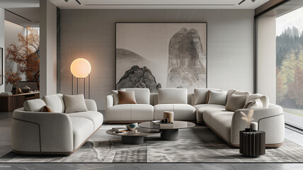 Modern living room in grey tones with sofa and abstract wall art