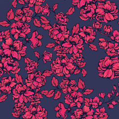 Blooming chic meadow seamless pattern on a dark background. Artistic abstract floral print. Vector drawing illustration. Creative stylized wild flowers patterned. Design for fabric, fashion, textile