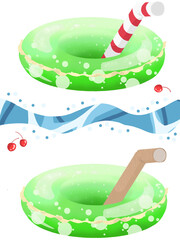 メロンソーダ柄の浮輪とストローのイラスト