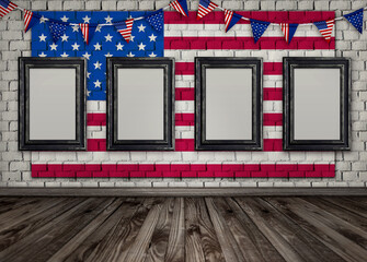 4th of july Independence Day theme, retro interior in USA flag color and four photo frames mockup on brick wall background with wooden floor, festive concept for american national holidays.