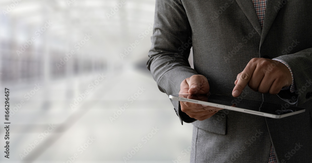 Poster digital tablet computer close up man using tablet hands man multitasking with isolated screen