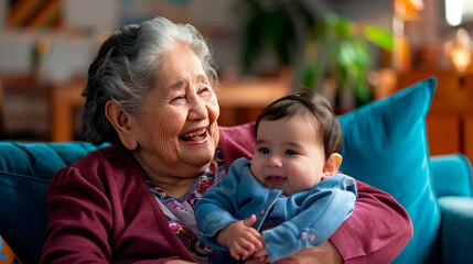 An elderly woman wearing a traditional knit cap holding a baby in a puffy coat outdoors. The image portrays cultural heritage and a strong family bond.