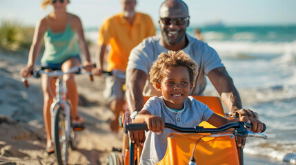 Family enjoying a bike ride along the beach on a sunny day. The joyful expressions and scenic background emphasize outdoor fun and family bonding.
