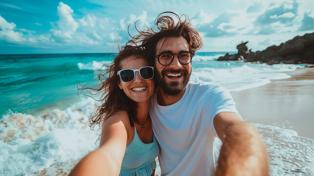 A couple taking a selfie on a sunny beach, both wearing sunglasses and smiling brightly. The ocean waves and clear blue sky create a perfect summer vacation vibe.