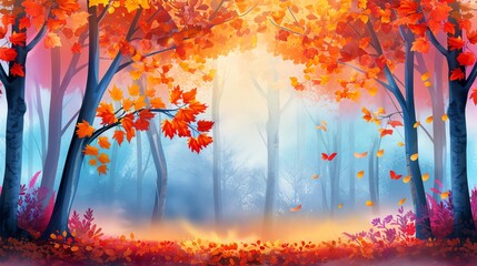 Enchanting autumn forest with vibrant red and orange leaves, mysterious mist, and soft light creating a magical, serene atmosphere.