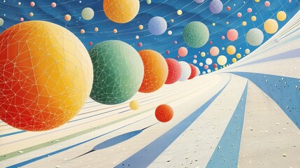 Colorful Geometric Spheres in Futuristic Abstract Landscape with Gradient Sky