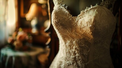 Exquisite Close Up of an Intricately Designed Lace Wedding Gown in a Vintage Room Setting