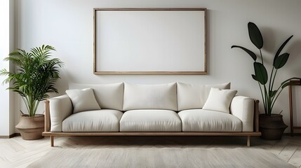 Modern House Design: Empty Frame, Sofa, and Indoor Potted Plants
