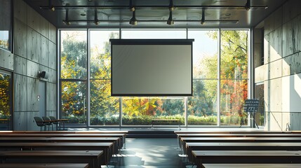 Empty Auditorium: Preparing for a Public Lecture with Rows of Chairs and Projector Screen in a University Setting
