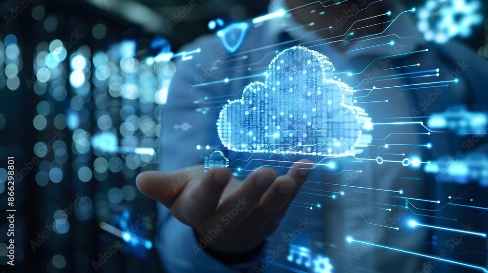 Poster businessman utilizing cloud based customer relationship management software interface