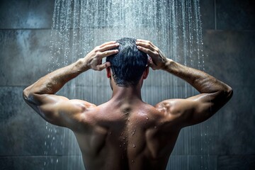 man taking shower under water in bathroom
