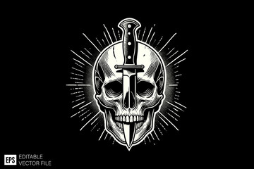 Skull head and knifevector illustration design black and white