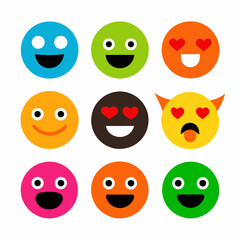 Colorful smiley faces with various emotions on white background
