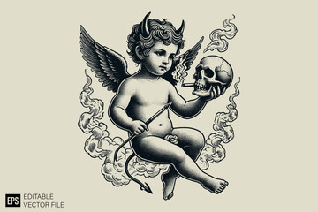 Illustration of Cupid holding skull head for graphic tee design vector