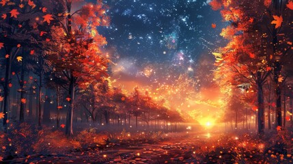 Magical Autumn Forest with Falling Leaves, Bright Sky and Sunset. Digital art illustration of a fantasy nature scene with glowing leaves, and a star-filled sky