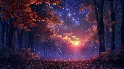 Fototapeta premium Magical forest at night with glowing stars, colorful leaves and sunset. Dreamlike nature scenery.