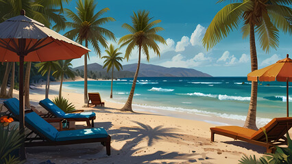 Tropical Beach Paradise: Illustration of  a serene tropical beach scene with turquoise waters, swaying palm trees, and vibrant beach umbrellas.