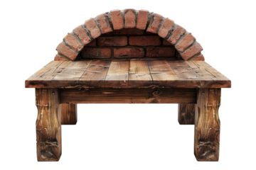 Wooden table top with bricks oven isolated on transparent background