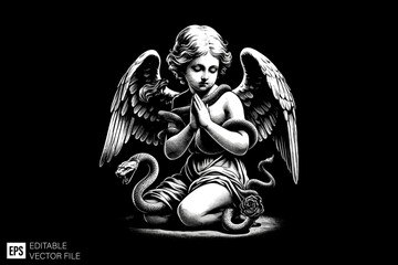 angels girls Praying black and white vector illustration