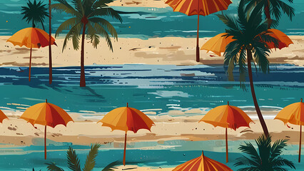 Tropical Beach Paradise: Illustration of  a serene tropical beach scene with turquoise waters, swaying palm trees, and vibrant beach umbrellas.