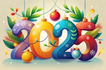 Naklejka premium New Year 2025 Creative Design Concept. Color text 2025, Christmas ornaments and garland on light background, snowflakes