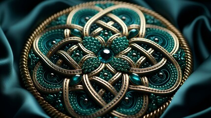 Obraz premium A brooch with an elegant green and gold design.
