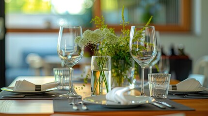 A table with two wine glasses, a vase of flowers, and a napkin