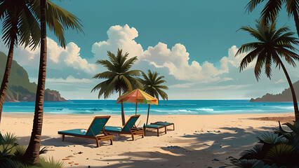 Obraz premium Tropical Beach Paradise: Illustration of a serene tropical beach scene with turquoise waters, swaying palm trees, and vibrant beach umbrellas.