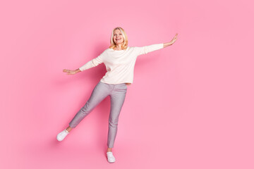 Photo of lovely optimistic senior woman dressed stylish clothes empty space isolated on pink color background