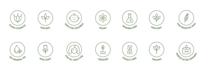Organic cosmetic line icon big set. Natural product badges. Hypoallergenic, safe for children, clean cosmetic, non toxic. GMO free emblems. Vegan, bio food. Vector illustration.