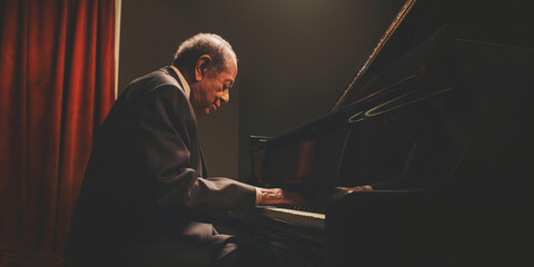 Elderly Man Playing Piano in Dimly Lit Room Wearing Suit