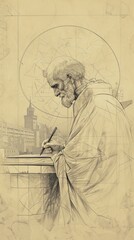 The painting of St. Albert the Great Writing in 13th-Century University, Beige Background, Copyspace